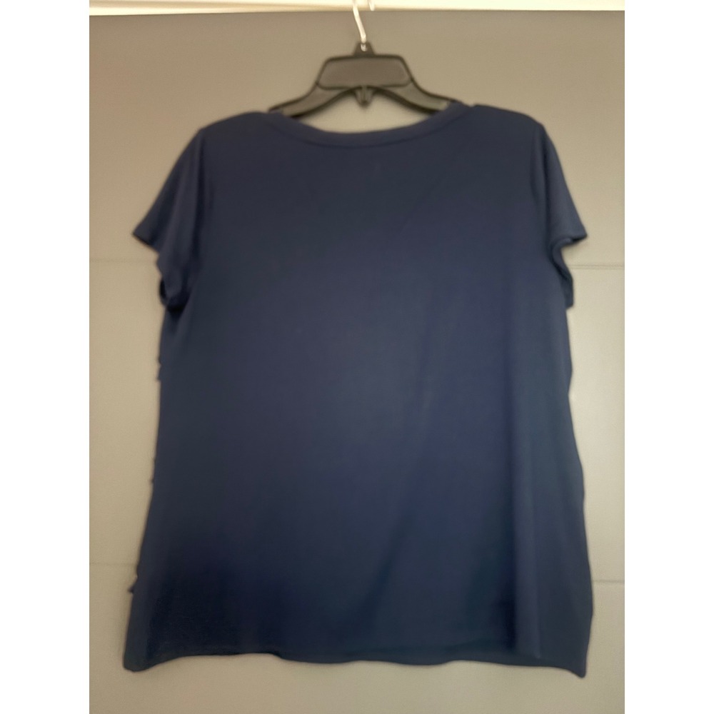 White House Black Market Navy Blue Fringe Beaded Short Sleeve Top Womens Medium - Picture 2 of 5